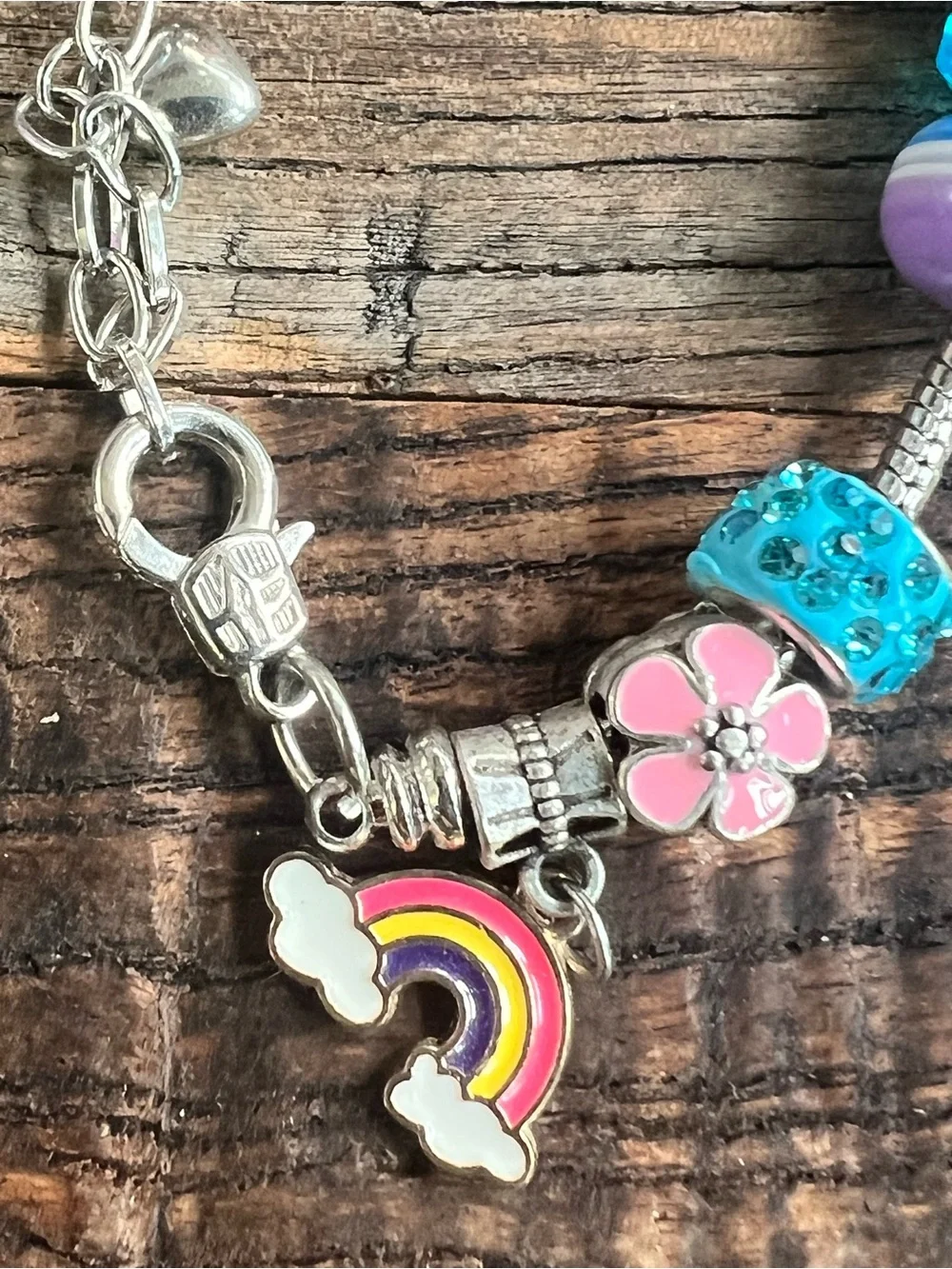 Rainbow Charm Bracelet with Pink Flower Bead